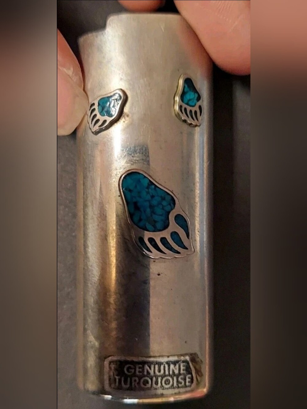 Silver Pocket Lighter with Genuine Blue Turquoise Inlay